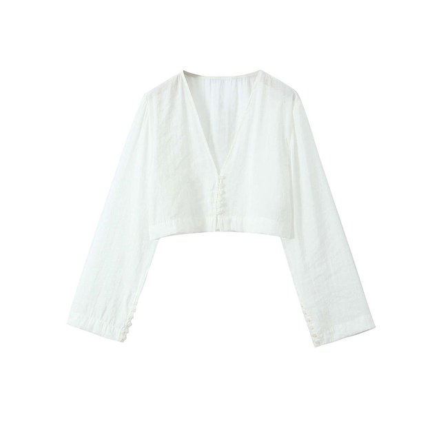 Top corto informal liso para mujer, blusa holgada de manga larga con cuello en V y una hilera de botones, novedad de primavera y verano 2024