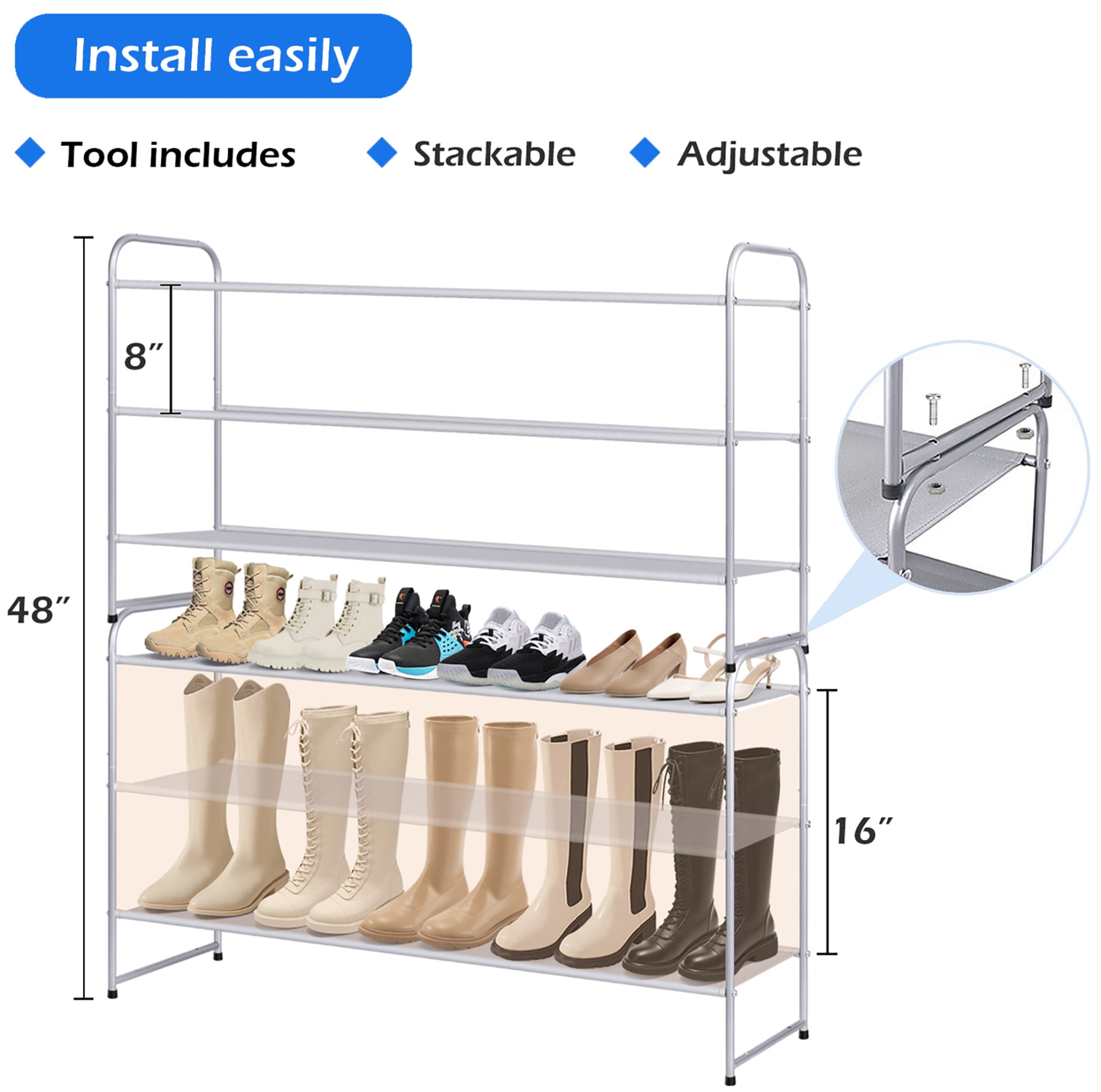 MISSLO 3 Tier Extra Long Shoe Rack for Closet and Entryway Adjustable Metal Shoe  Shelf Storage Organizer Holds 24 Pairs of Men Sneakers, Silver 
