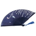 thumbnail image 2 of Folding bamboo lace hand fan, dark blue butterfly and white flower, 2 of 8