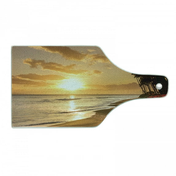 Hawaiian Cutting Board, Warm Tropical Sunset on Sands of Kaanapali Beach in Maui Hawaii Traveling, Tempered Glass Cutting and Serving Board, Wine Bottle Shape, Orange Green Pink, by Ambesonne
