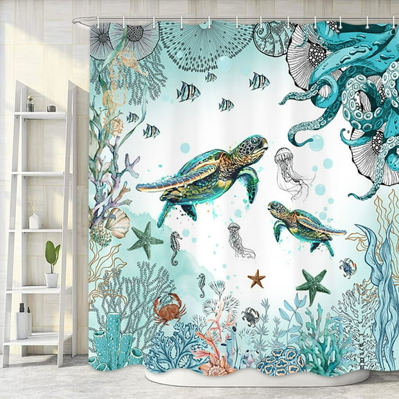 Sea Turtle Octopus Shower Curtain, Blue Teal Ocean Bath Curtain, Fish Underwater Animal Seashell Jellyfish Coastal Bathroom Accessories Nautical Funny Beach Bathroom Curtain Liner, 72x72IN
