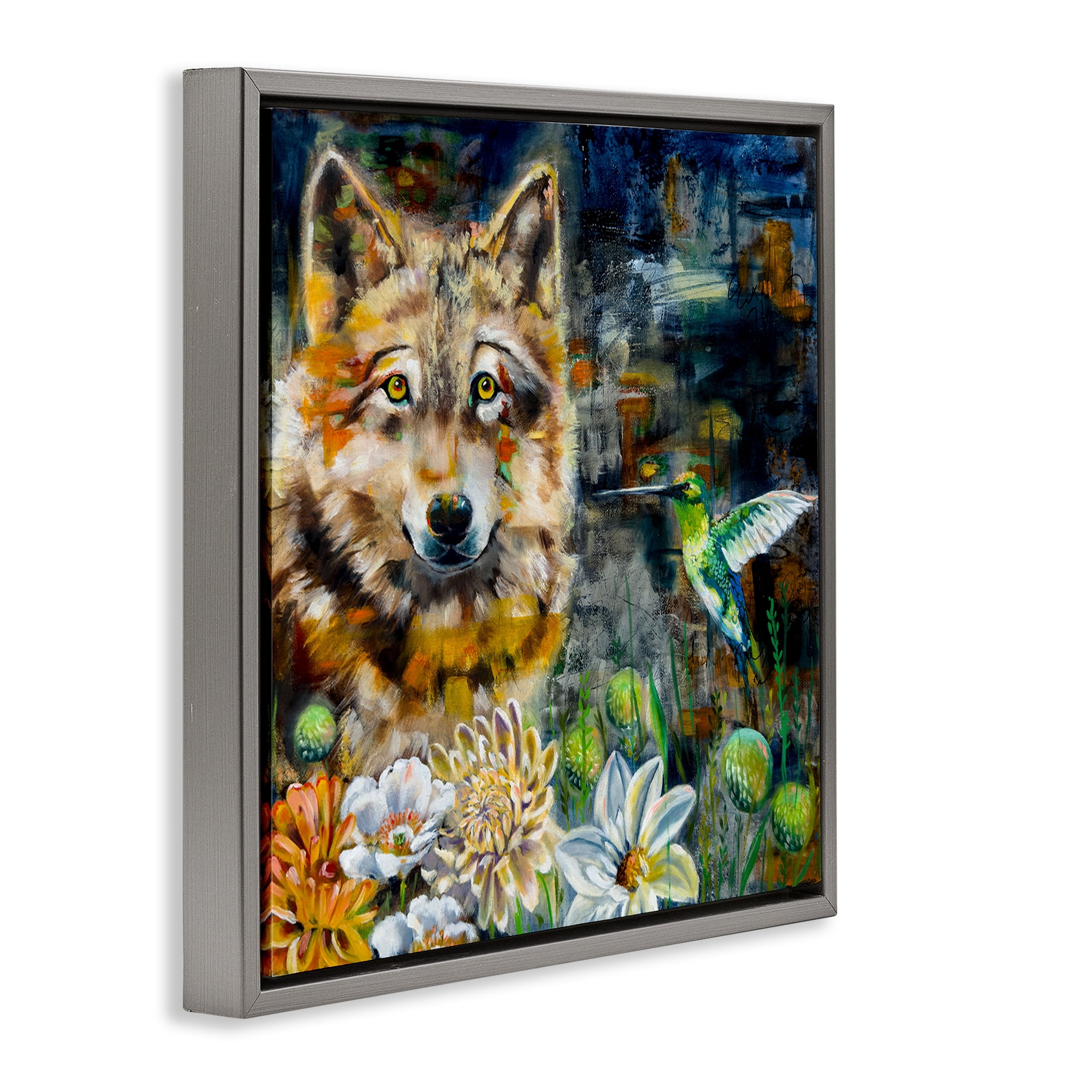 Stupell Industries Beautiful Wolf & Hummingbird Animals Painting Gray Floater Framed Canvas Art Print Wall Art, 25 x 25