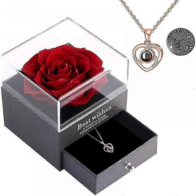 Forever Rose With I Love You Heart Necklace 100 Languages Projection, Birthday Gifts For Girlfriend Wife Mom Grandma, Eternal Rose Flower With Jewelry