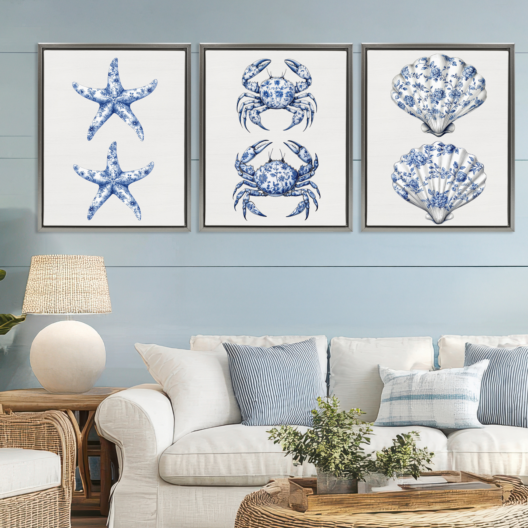 Vintage Toile Starfish & Crabs 3 Piece Gray Framed Floater Canvas Set, design by Lettered and Lined