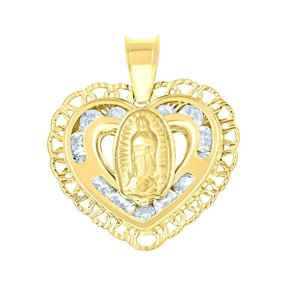 14k Yellow Gold Womens Cz Textured Lady of Guadalupe Religious Heart Shaped Charm Pendant for Women