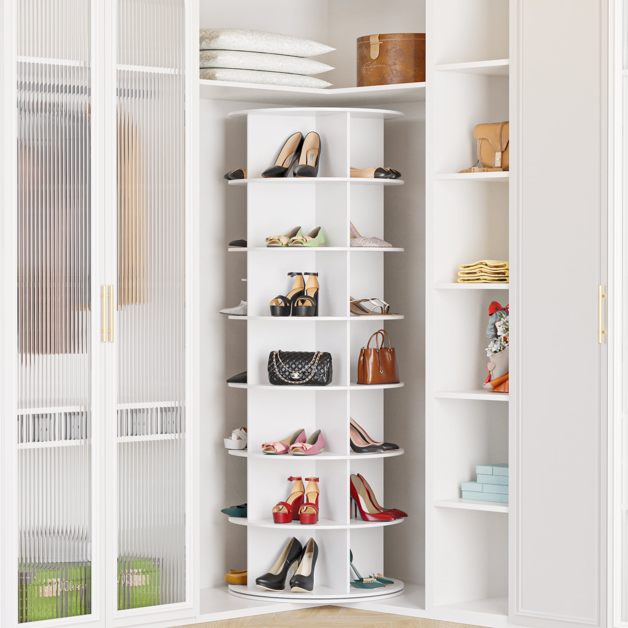 SpaceAid Rotating Shoe Rack Tower 7 Tier, Display Lazy Susan, White, 23.2"D x 23.2"W x 63"H