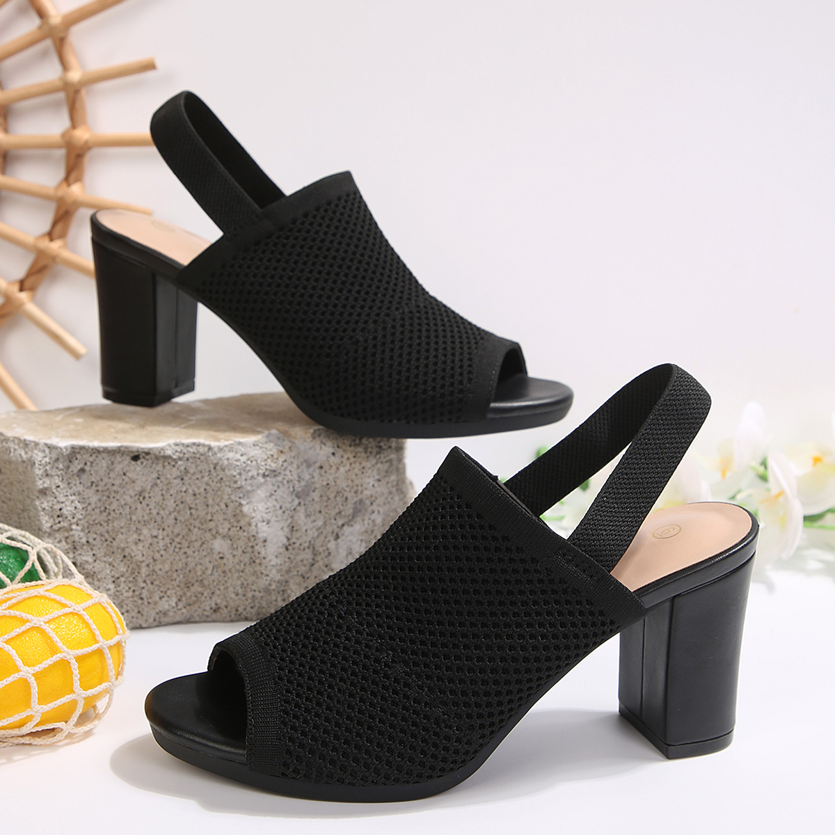 LuckLilac Women's Knit Block High Heel Slingback Sandals photo 8