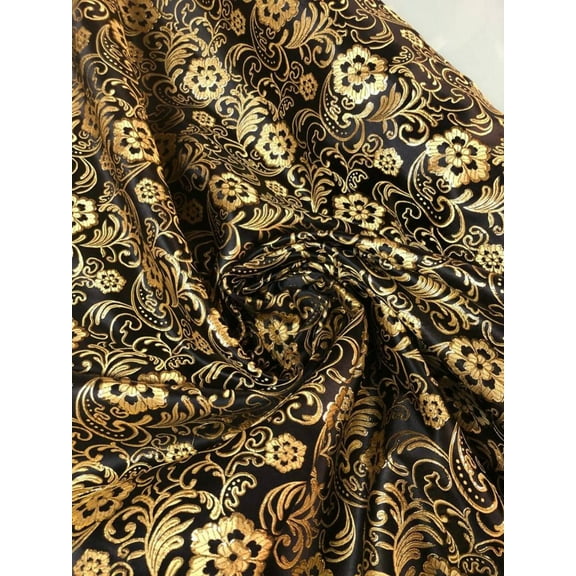Metallic Brocade fabric 48” wide in black and gold, sold by the yard