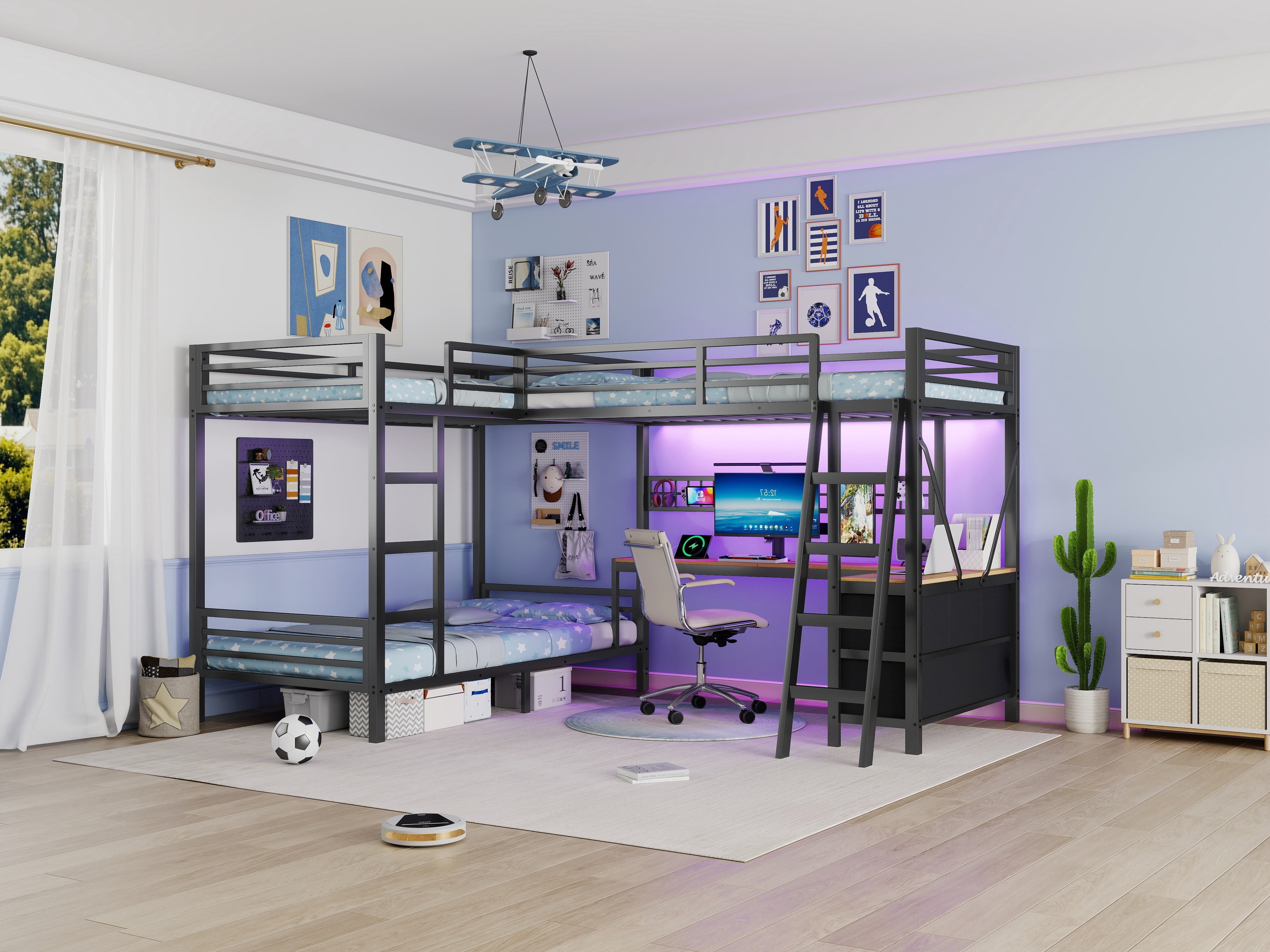 HOQBN L-Shaped Triple Bunk Bed with L-Shaped Desk and 5 Lagre Drawer,Twin Over Twin Over Twin Bunk Bed Frame with Charging Station,LED Lights,DIY Grid and Ladder,Black