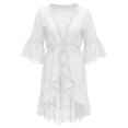 thumbnail image 4 of DHFJKG Women Summer Crochet Swimwear Cover-Ups Beach Deep V Neck Cardigan Dress Lace Up Fashion Vacation Resort Clothes 3/4 Sleeve Stylish Beachwear, 4 of 5