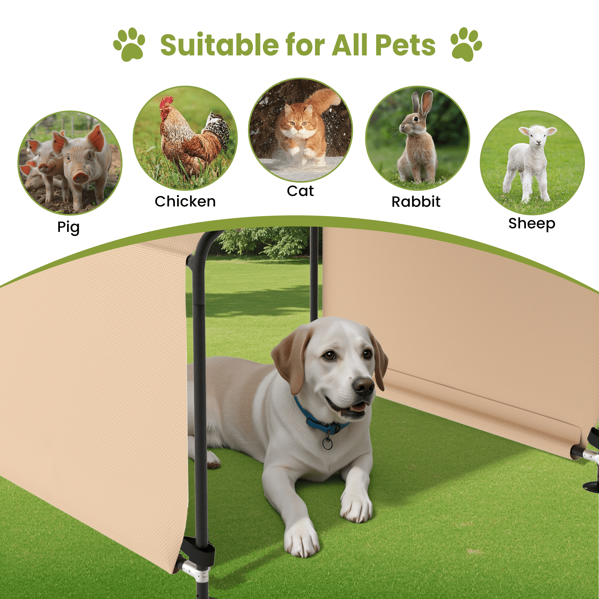 Outdoor Dog Shade Shelter 4'x4'x3' Portable Dog Tent Sun Rain Canopy for Outside Pet House for Large Medium Dogs, Cats, Pigs w/ Waterproof Roof, Ground Nails, Khaki