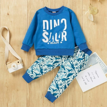 

Augper Baby Girl Clothes Long Sleeve Fall Winter Clearance Toddler Baby Boys Dinosaur Long-sleeved Sweatshirt Printed Pants Clothing Suit Blue