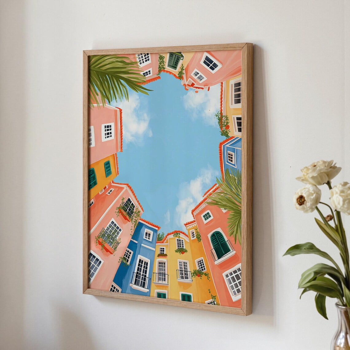 Colorful Italian Village Wall Art Print With Townhouses And Boho Home Decor Unframed Paper Print