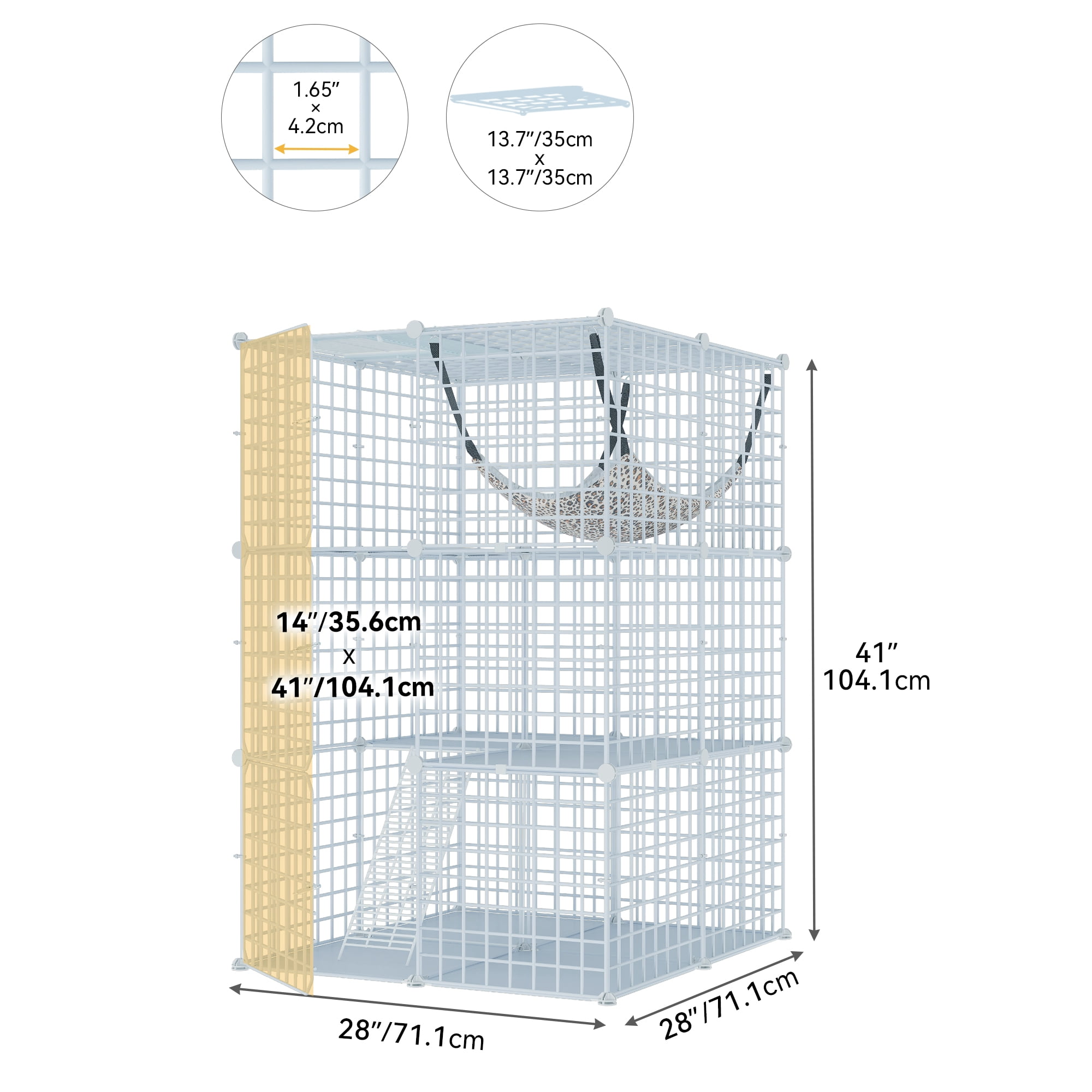 Dextrus 3-Tier Indoor Cat Cage - DIY Cat Enclosures Metal Playpen with Extra-Large Hammock for Cats,28"L x 28"W x 41"H,White