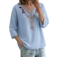 thumbnail image 4 of GZWYHT Linen Embroidered Tops for Women Embroidered T Shirts Cotton Spring Tops Pullover Shirts Hemp Shirt Women Gauze Tops Plus Size Gauze Cotton Blouse Blue 2XL, 4 of 9