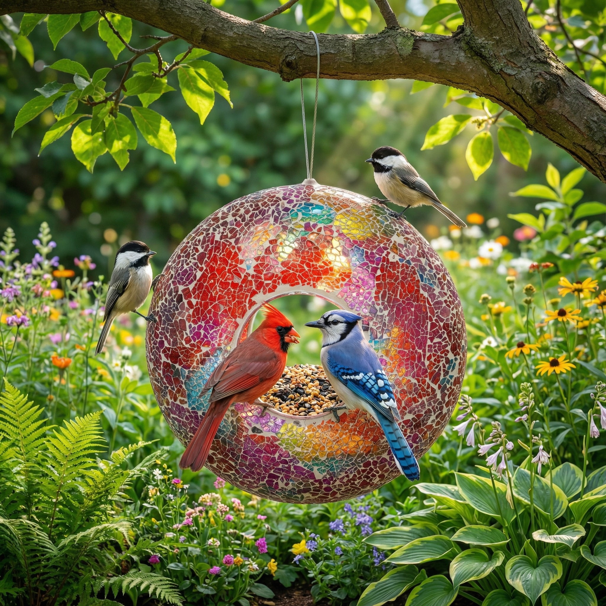 Topadorn Bird Feeders for Outdoors Hanging Bird Feeder, Wild Bird Seed for Outside Feeders and Garden Decoration Yard for Bird Watchers, Red Glass Mosaic, 9" H