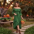 thumbnail image 3 of Halloween Off-Shoulder Corset Dress for Women, Long Bell-Sleeve Gown with Lace-Up Waist & High-Low Hem — Renaissance Costume Green XXL, 3 of 8