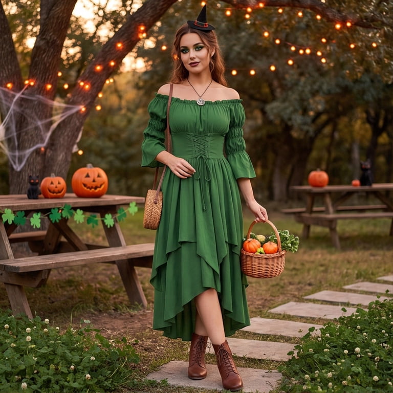 Women Off Shoulder 3/4 Puff Sleeve Lace-Up Waist Irregular Maxi Renaissance Dress, Asymmetrical Flowy Medieval Fairy Gown 100D Polyester(GreenXL)
