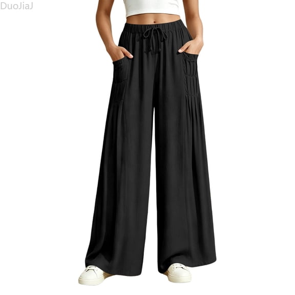 DuoJiaJ Womens Wide Leg Pants, High Waist with Pockets Soft Flowy Casual Black L