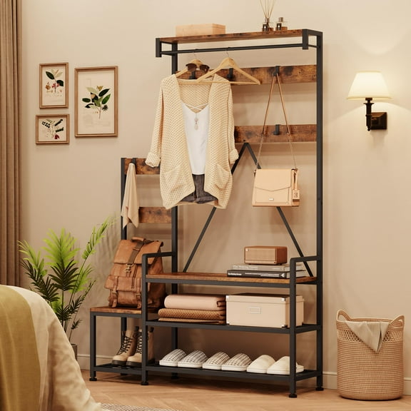 2024 New Hall Tree with Shoe Storage Bench, Coat Rack with 7 Hooks 4 Tier Side Storage Shelves Small Cute Side Bench, Industrial 5-in-1 Entryway Coat Rack for Hallway Mudroom Bedroom