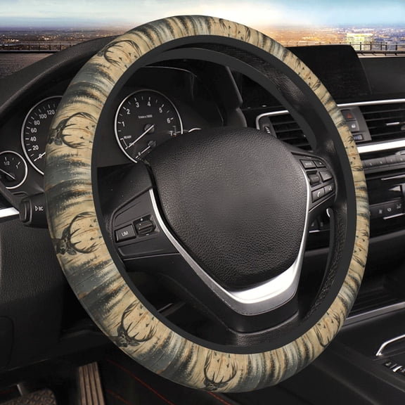 Steering Wheel Cover Anti-Slip Elastic Car Protective Universal 15 Inch Fit for Vehicles Auto SUVs , Deer Vintage Camo Art Black