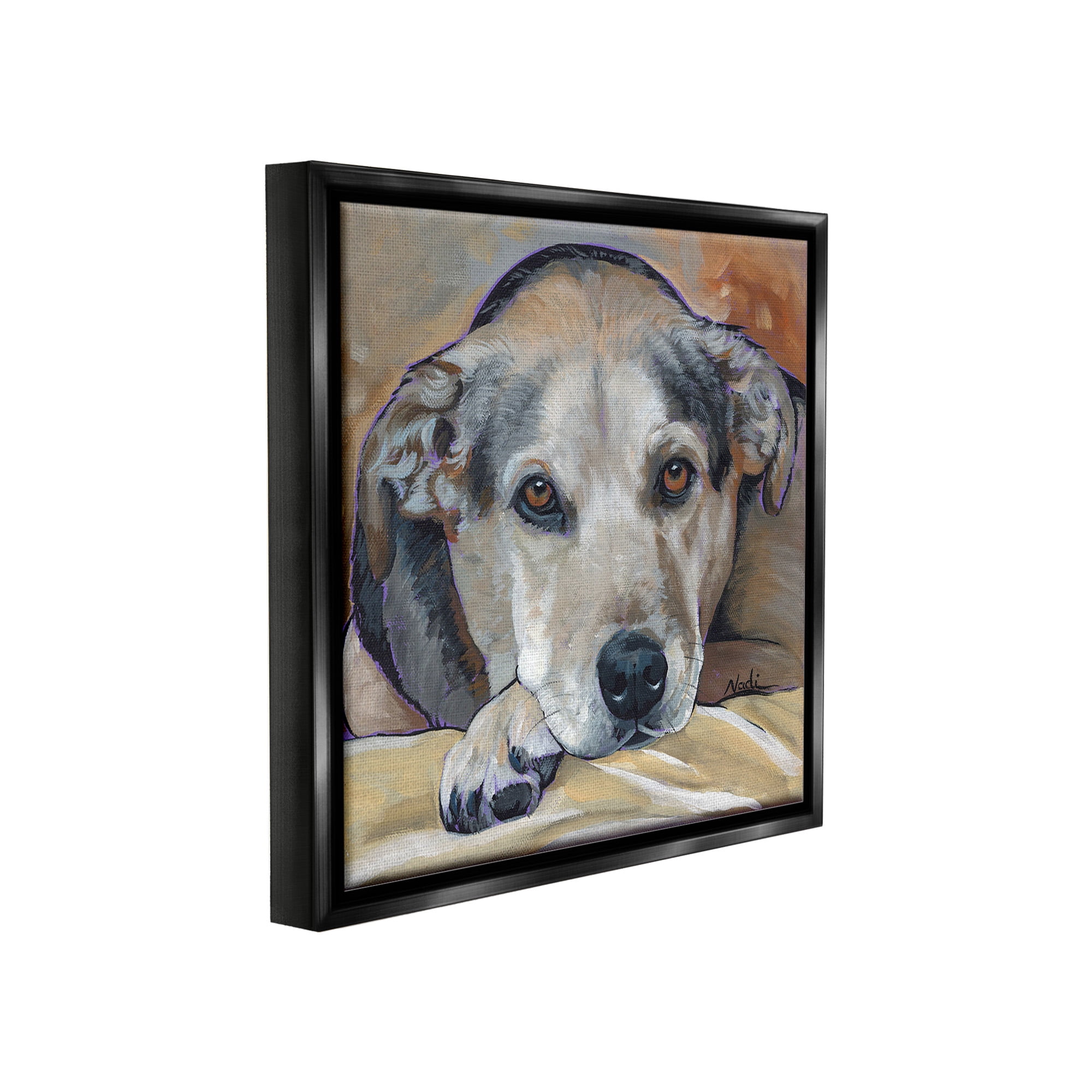 Stupell Industries Cozy Dog Portrait Animals & Insects Painting Black Floater Framed Canvas Art Print Wall Art, 18 x 18