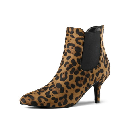 Women's Pointed Toe Low Stiletto Heel Ankle Chelsea Boots Leopard (Size