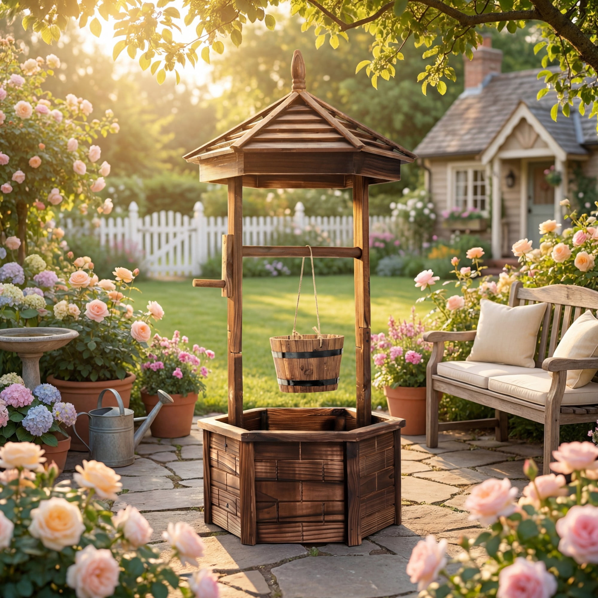 Costway Wooden Wishing Well Hexagonal Bucket Flower Plants Planter Patio Garden Decor