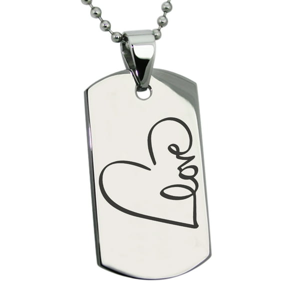 Stainless Steel Love Heart Calligraphy Engraved Dog Tag Pendant Necklace