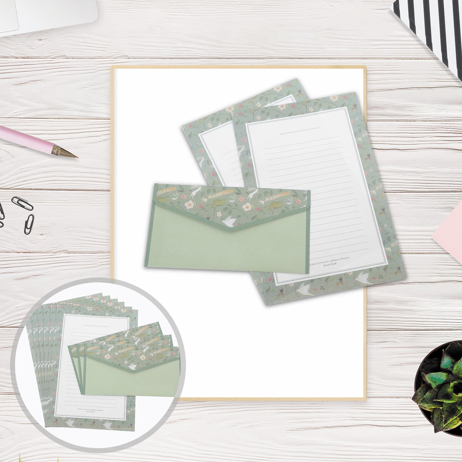DINHEAROM Vintage Floral Lined Stationery Writing Paper and Envelopes Set Light Green for Wedding 2Sets