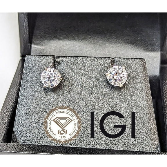 Diamond Stud Earrings IGI Certified 2 Carat Round Solitaire D SI1 14K