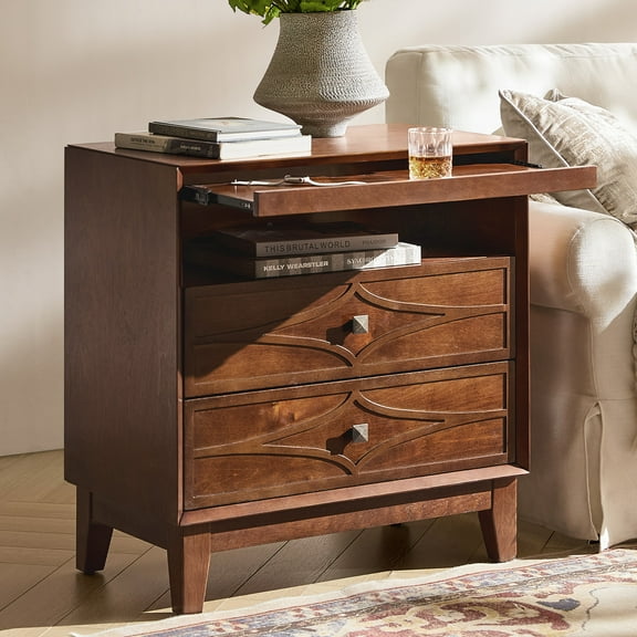 3-Drawer Modern End Table with Open Compartment Charging Station Metal Knob for Living Room Walnut