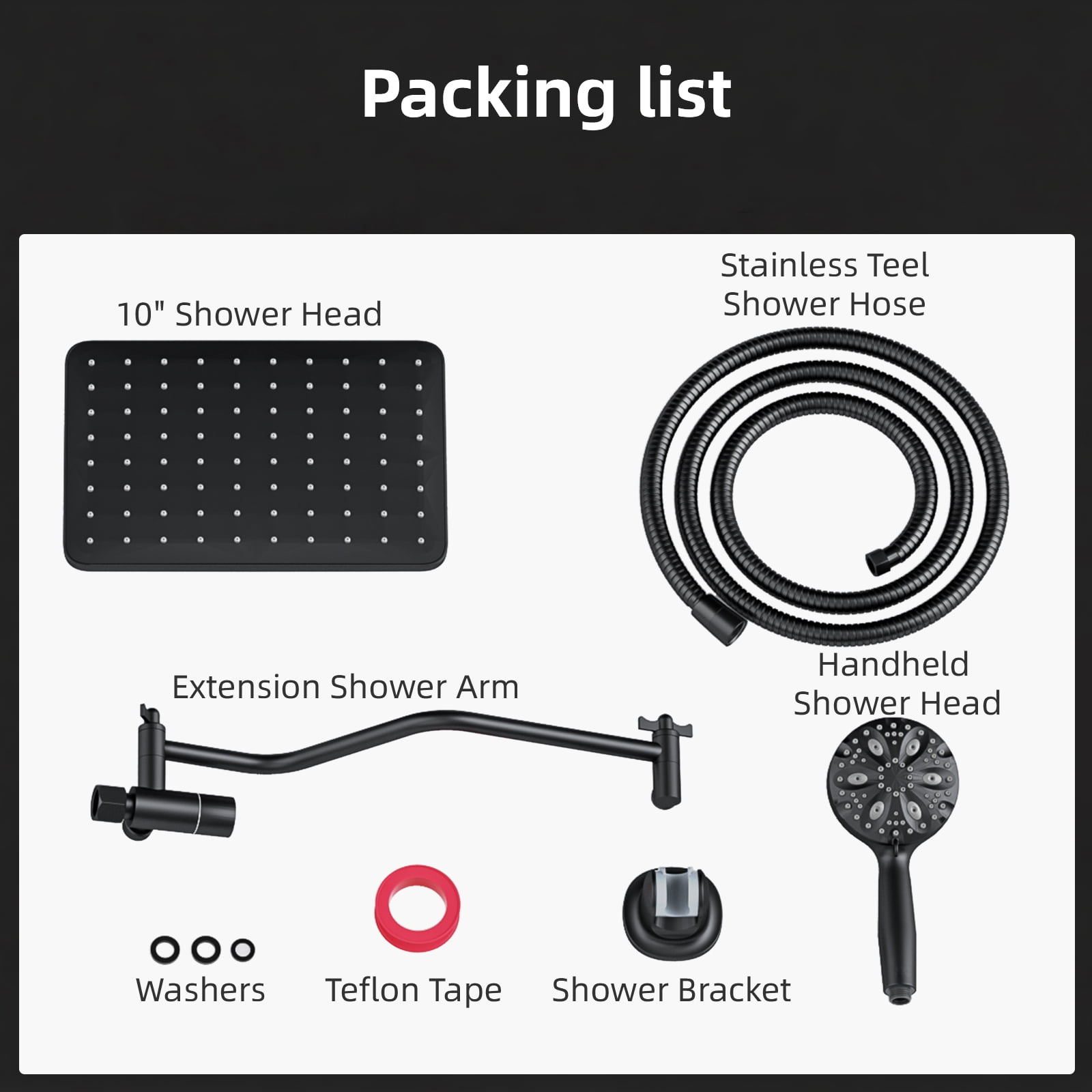 ROSYNEY 10 Inch Rain Shower Head with Handheld Spray, 7-Function Handheld Showerhead, Adjustable Metal Shower Extension Arm, Stainless Steel Hose, Matte Black