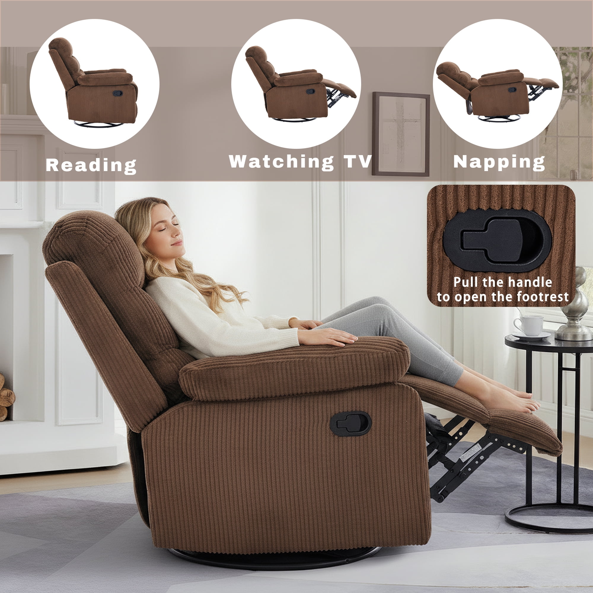 GAOHAPY Rocking Recliner Chair,Modern Swivel Glider Recliner Chair,Corduroy Fabric Upholstery Recliner,Manual Reclining Sofa Chair for Living Room,Office,Apartment,Brown