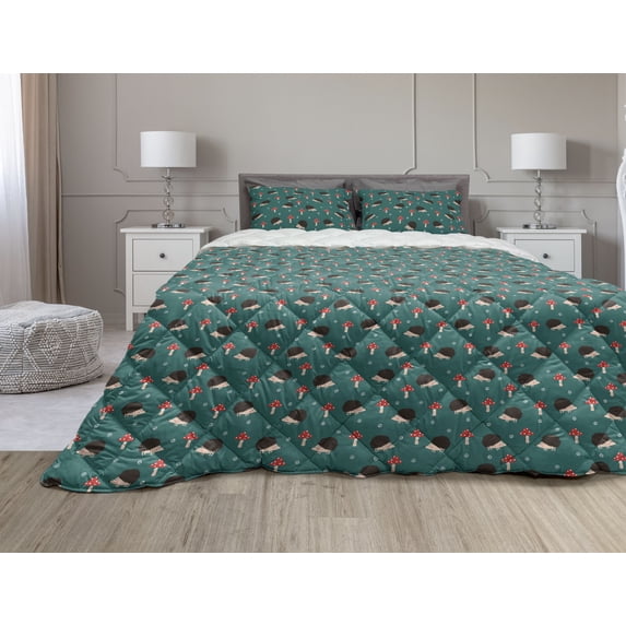 Hedgehog Comforter & Sham Bedding Set, Forest Life Inspired Pattern with Amanita Mushrooms Rodent Animals Woodland Themed, 3 pcs Duvet Set Microfiber Filling Quilt, 5 Sizes, Multicolor, by Ambesonne