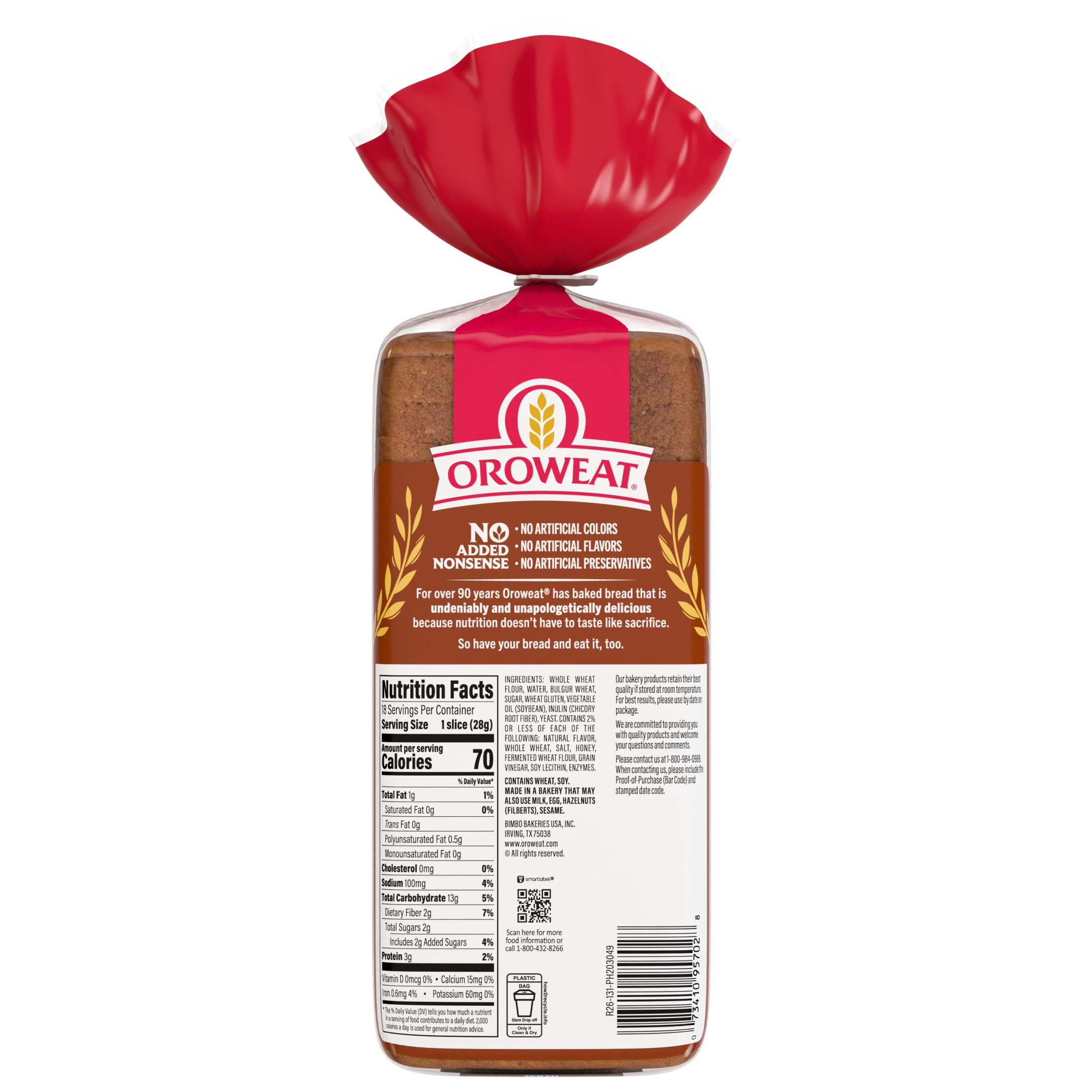 Oroweat Small Slice 100% Whole Wheat Bread, 18 oz