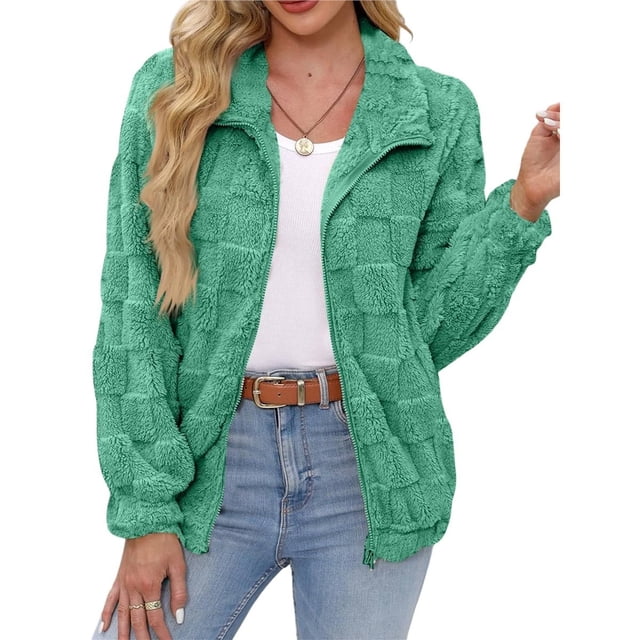 Chaqueta Suave y Cálida con Cremallera y Larga para Mujer Verde XXL