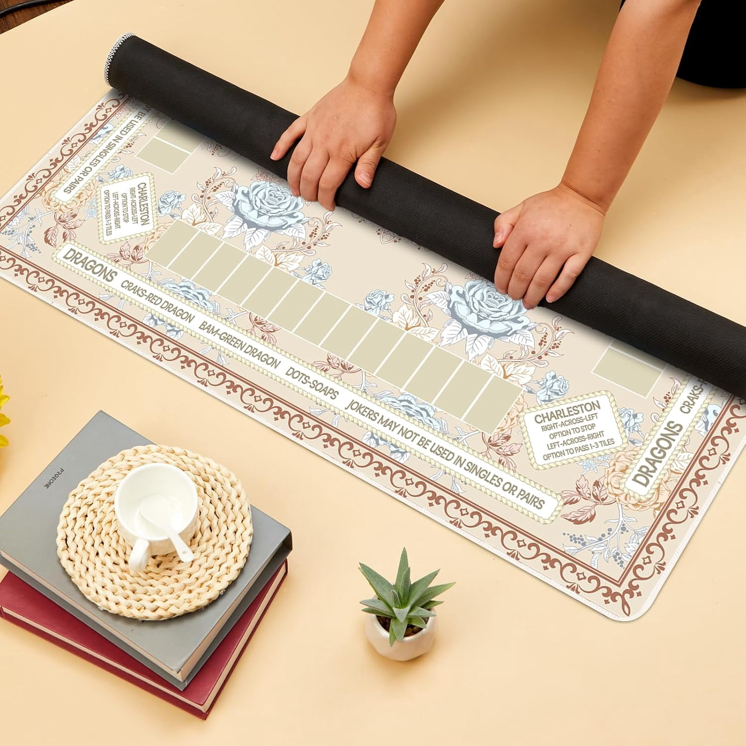 Chinoiserie Mahjong Mat with Black Carrying Bag 31.5 x 31.5 in Multi Purpose Game Table Cover Anti Slip and Noise Reduction for Mahjong Poker Board Card Dominoes Games(Beige)
