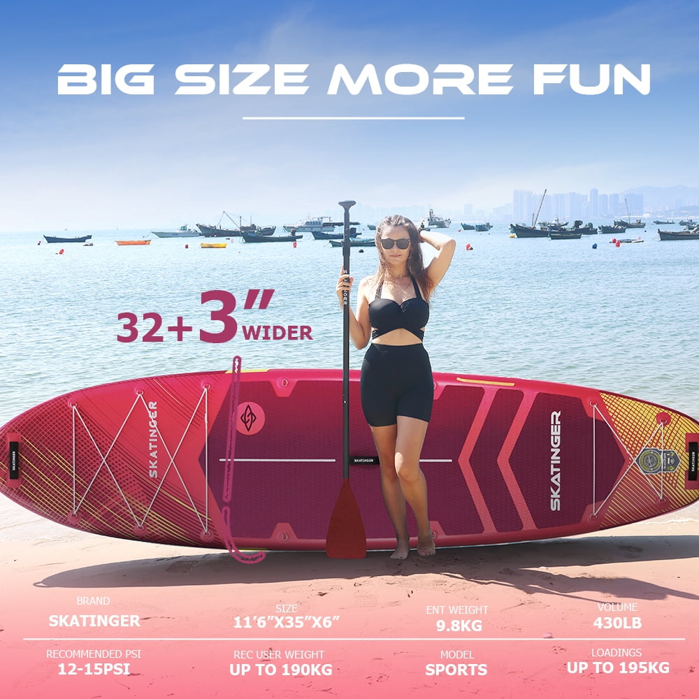 Skatinger 11'6"x35" Super Wide Inflatable Paddle Board, Ultra Stable Stand Up for 450lb/3 People, w/100L Backpack & US Fin