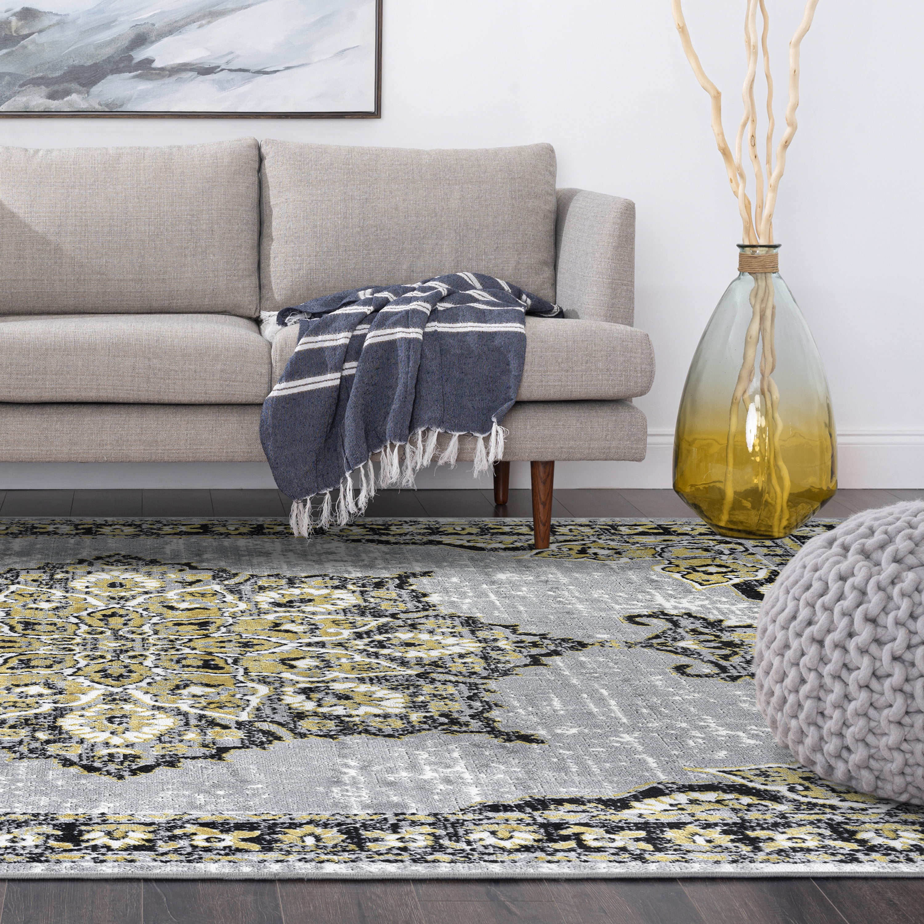 Traditional 5x8 Area Rug (5'3'' x 7'3'') Oriental Yellow, Gray Living Room Easy to Clean