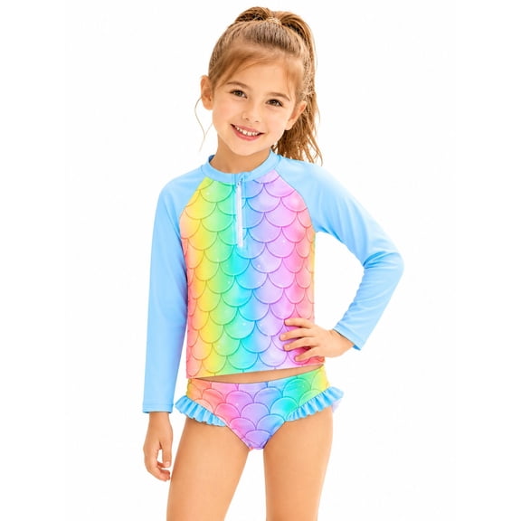 HILEELANG 3-8T Toddler/Little Girls Light Blue Rainbow Mermaid Scales Rashguard Swimsuit Set 5-6T