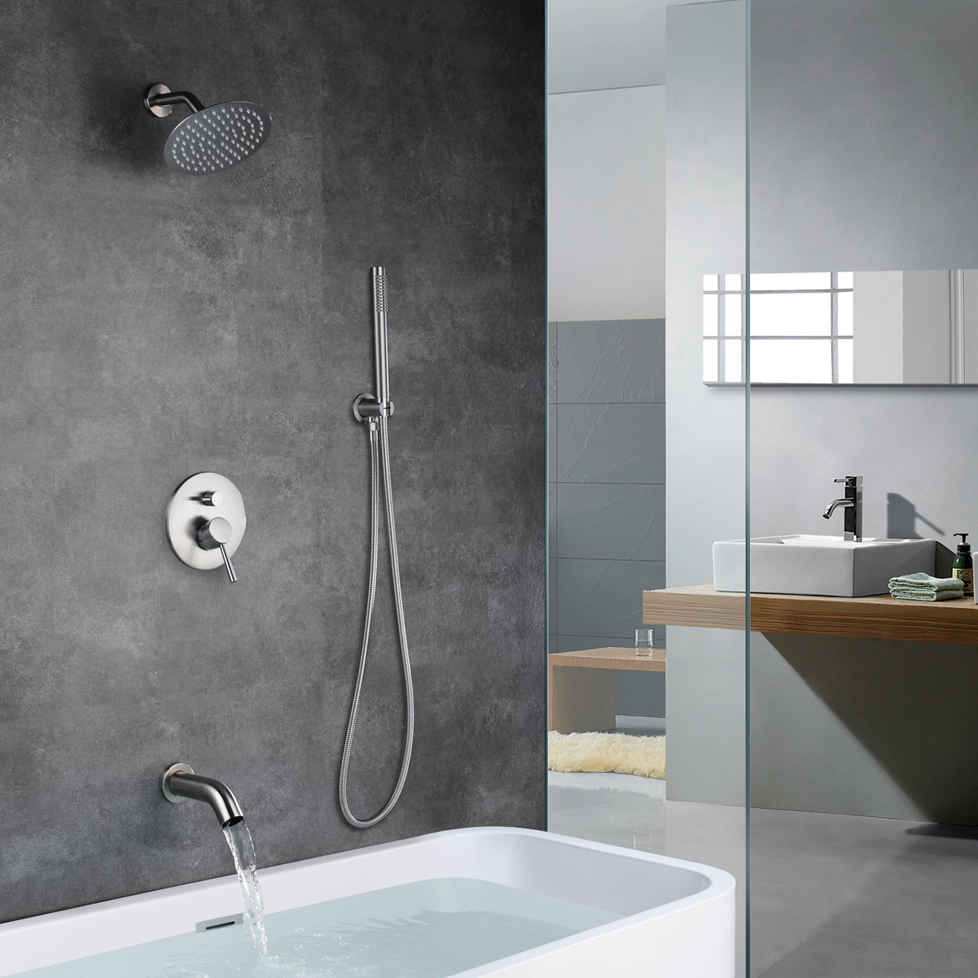 SUMERAIN Brushed Nickel Shower Faucet Set with Tub Spout, Rainfall Shower System with 8 Inches Rain Shower and Handheld