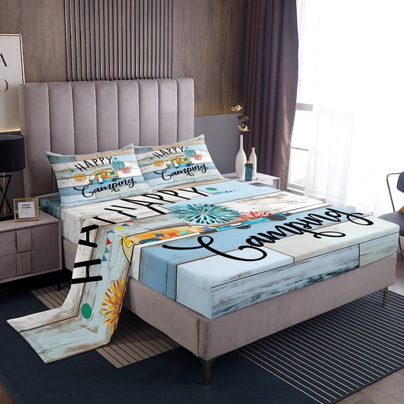 Erosebridal Cartoon Car Sheet Set Twin,Happy Camping Bedding Sets Twin Size,Lodge Cabin Twin Sheet Sets,Breathable Boys Bedroom Decor,3pcs