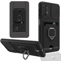 Heavy Duty Case for Samsung Galaxy A32 5G, Camera Lens Sliding Soft Silicone Shockproof Protective Cover with Card Holder Kickstand Rotated Ring Magnetic Car Mount Soft Lining Case, Black