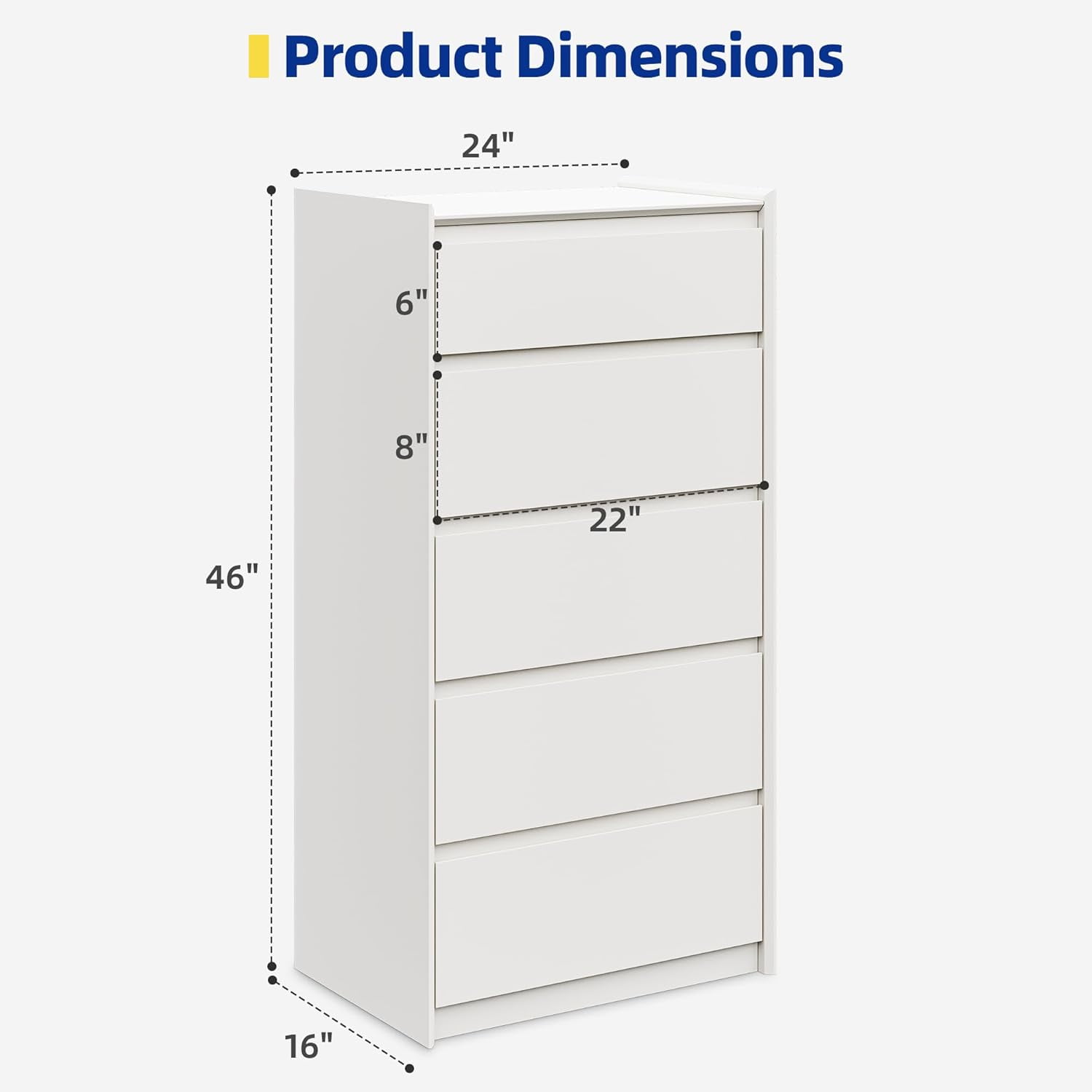 White Tall Dresser, 5 Drawer Dresser for Bedroom, Wood Chest of Drawers, Modern Storage Cabinet for Living Room