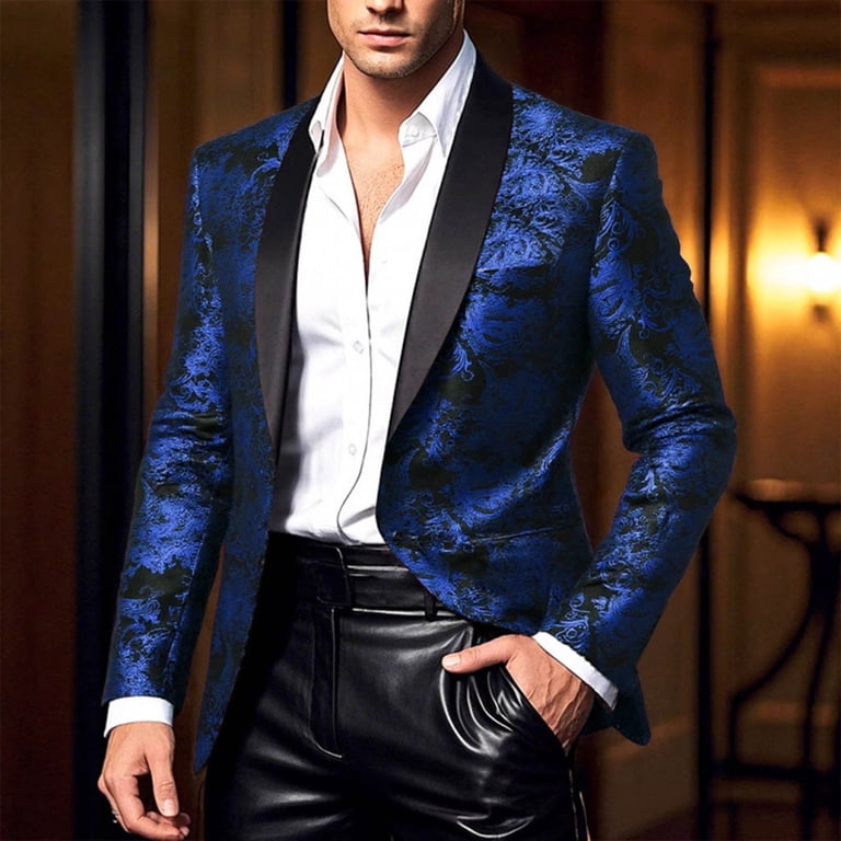 Fawuudo Men's Dress Floral Suit Notched Lapel Pimp Blazer Dress Suit Vintage Gold Black Elegant Tuxedo Mardi Gras Carnival Blue, Size: Medium