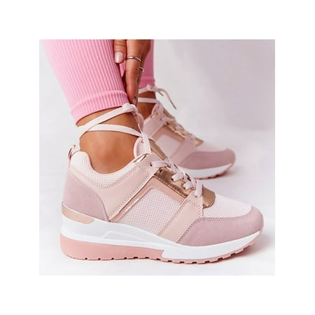 

SIMANLAN Wedge Sneakers for Women Breathable Platform Casual Lace-up Shoes Pink 6