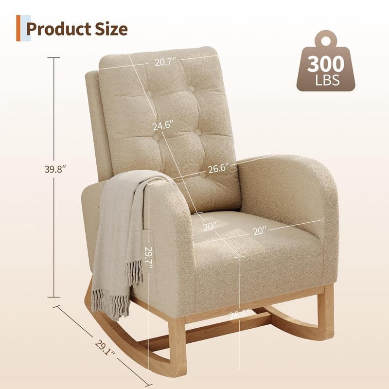 Rocking Chair for Nursery, Upholstered Glider Rocker with High Backrest and Padded Seat, Comfy Accent Armchair with Side Pocket for Bedroom, Living Room, Nursing Room