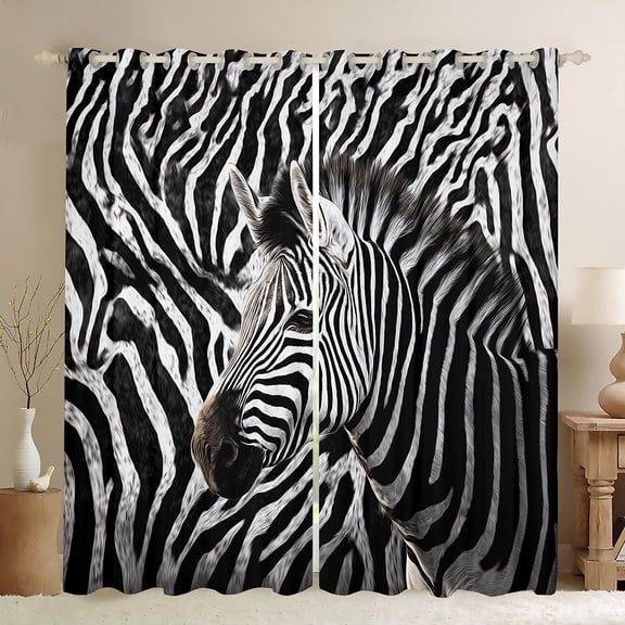 Homewish Geometric Zebra Striped Black Out Curtains,Wild Animal Zebra Curtains Pack of 2 (42x63 Each),White Black Bedroom Curtains For Boys Teens,Luxury Bedroom Decor