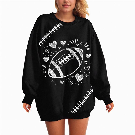 Towmus Women's 2025 Autumn Winter Casual Rugby and Love Printed Crewneck Long Sleeve Sweatshirt Loose Pullover Tops